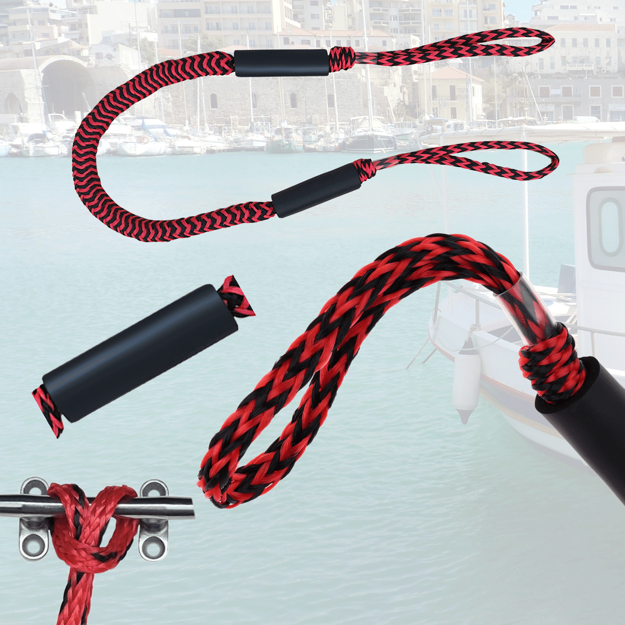 4FT Bungee Dock Line Mooring Rope with Built-in Bumpers, Ideal for Docking Accessories for Kayaks, Watercraft, SeaDoos, Jet Skis, Pontoons, Canoes, and Power Boats - 2 PCS Red Black