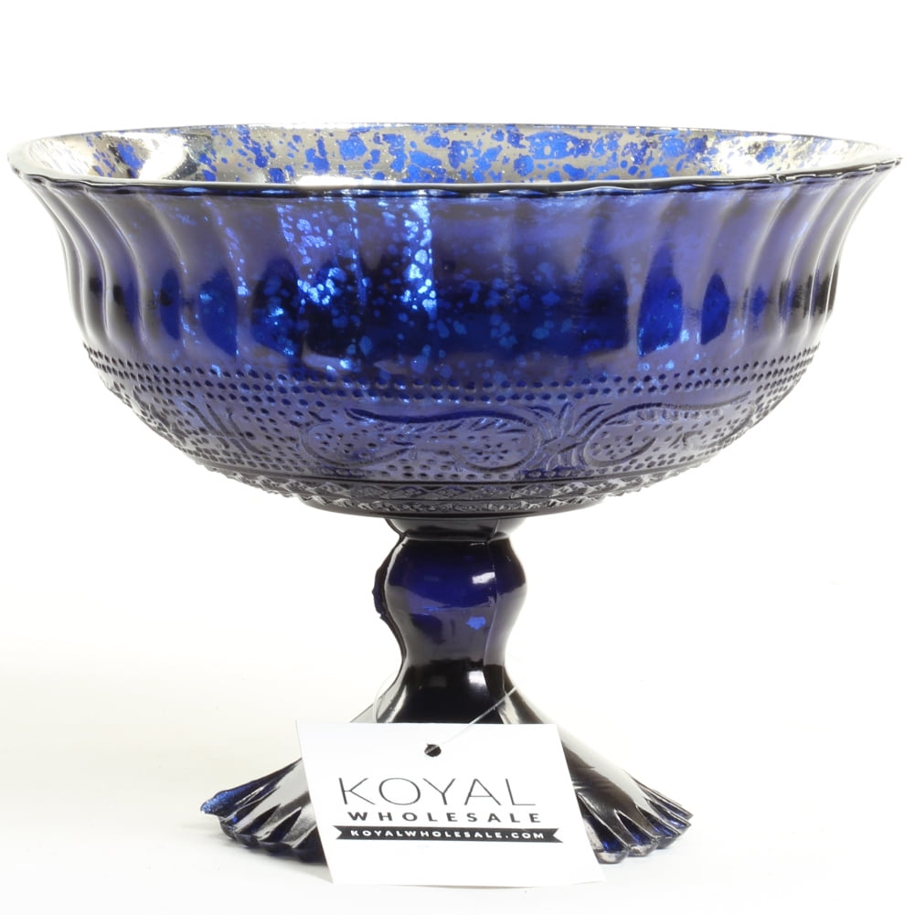Koyal Wholesale 7Inch Navy Blue Glass Compote Bowl Pedestal Flower