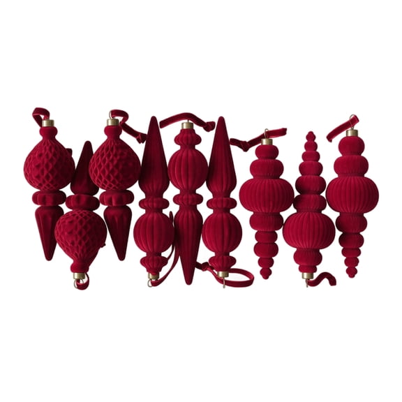 Vintage Victorian Christmas Tree Decorations, 9Pcs Burgundy Velvet Finial Ornaments with Gold Caps, Luxury Flocked Xmas Tree Ornaments for Holiday Mantel Party Home Decor, Red & Gold, 7 Inch