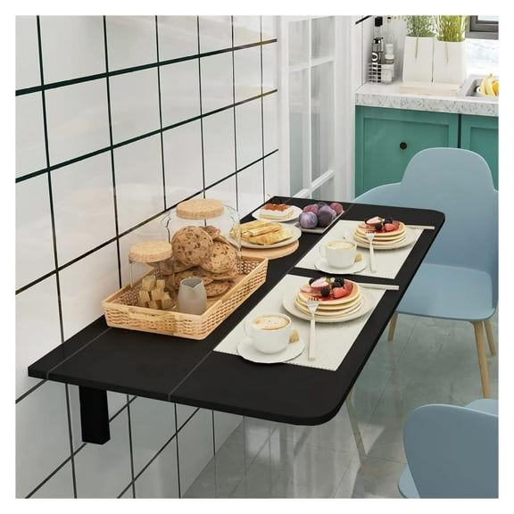 Drevy Wall Mounted Folding Desk, Fold Down Desk Drop Leaf Table, Laundry Folding Table, Wood Floating Desk for Wall, Foldable Computer Desk Wall Mount, Wall Desks for Small Spaces (Black)