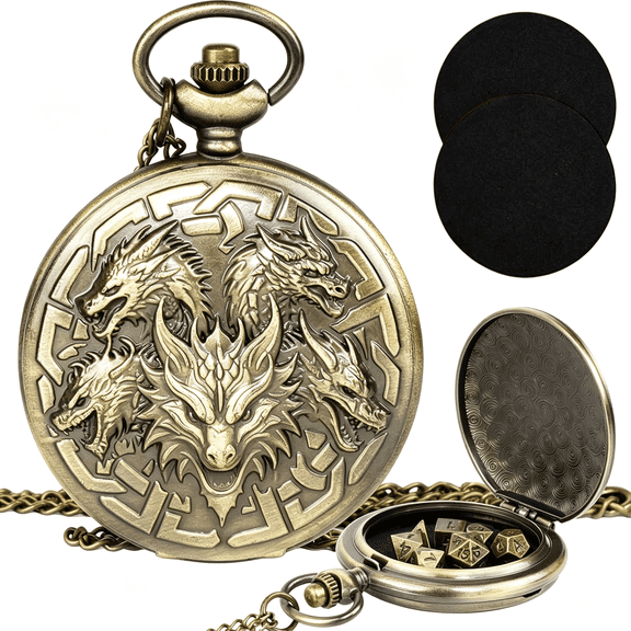 BESTSKY Dnd Dice Set,7Pcs Mini Metal Dice with Pocket Watch Shell,Portable D&D Die with Necklace,Dungeons and Dragons Dice for Rpg(Five-Headed Dragon,Bronze)