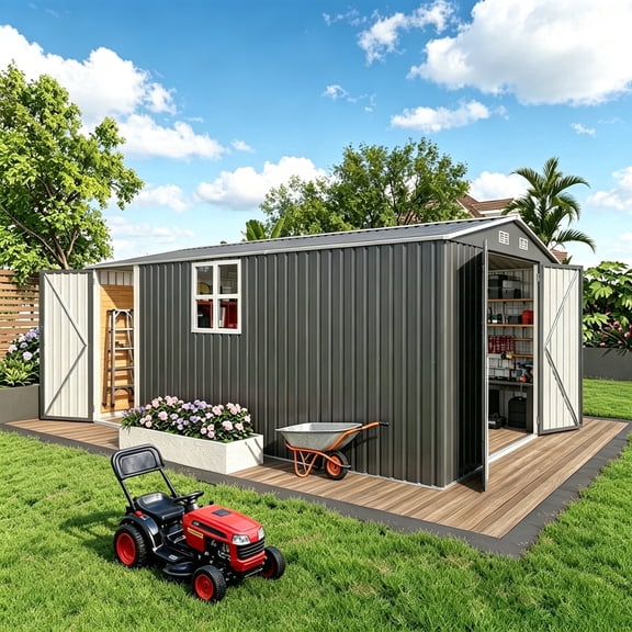 Easmvetaln 10x14FT Metal Outdoor Storage Shed with Front and Side Doors, Garden Shed for Backyard (Gray)