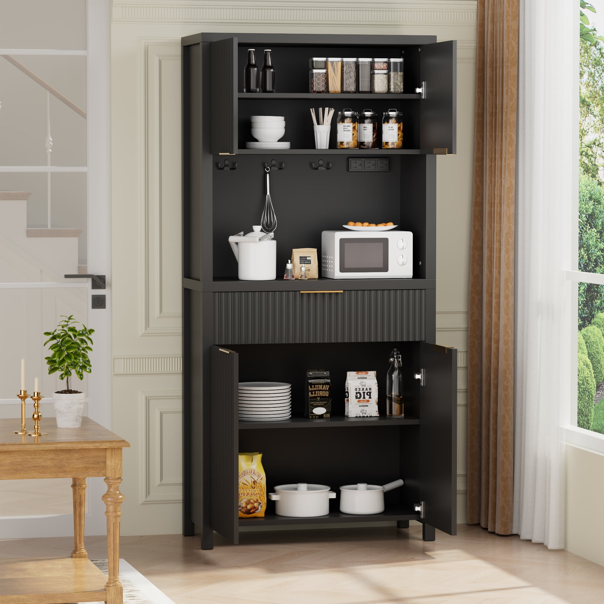GIKPAL Kitchen Storage Cabinets with Drawer, Pantry Cabinet with Charging Station, Pantry Organizer with Adjustable Shelves, Hutch Cabinet with Storage for Dining Living Room , Black Set of 2