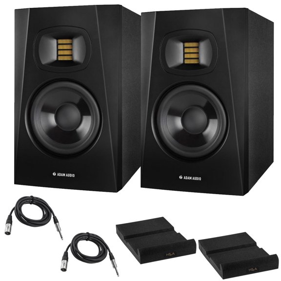 Adam Audio 2x Professional T-Series T5V 5" 70W 2-Way Active Nearfield Monitor Bundle with 2x TRS 1/4" Male to 1/4" Male Cable, 2x Isolation Pad