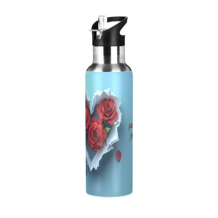 

ALAZA Roses Flower Heart Water Bottle Insulated Flask Stainless Steel Straw Lid 20 oz