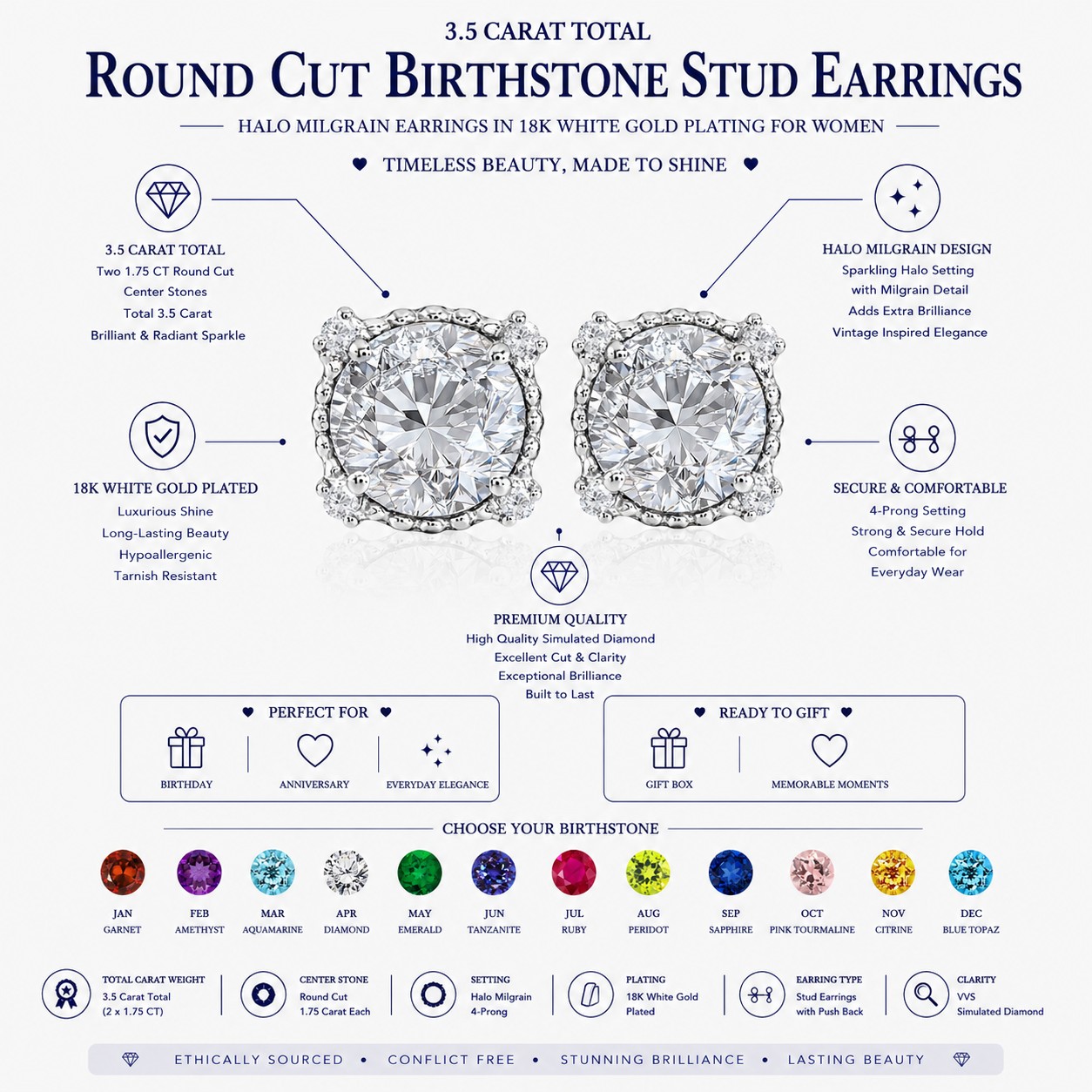 JeenMata 3.5 Carat Halo Stud Earrings April Birthstone photo 3