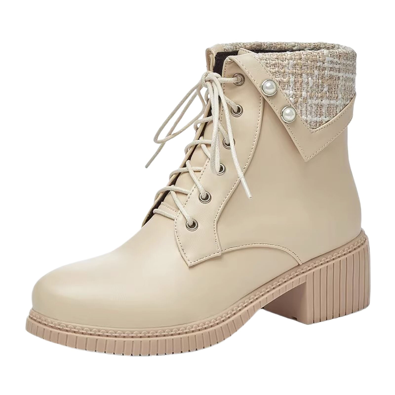 B91xZ Boots for Women Low Heel Comfort Slip On Waterproof Leather Platform Booties Beige 7.5