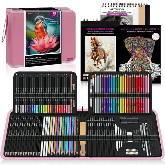 HIFORNY 136 PCS Drawing & Sketching Set,Pro Art Supplies with Graphite,Charcoal, Colored,Watercolor,Metallic Pencils,Blending Tools,Sketchbook,Watercolor Book and Coloring Book in Zipper Case(Pink)