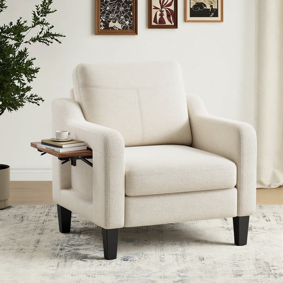 MALOL Modern Accent Chair with Foldable Table, 2 Side Pockets,Upholstered Living Room Side Chair Wooden Fabric Armchair, Single Sofa for Bedroom/Office/Reception Room, Beige
