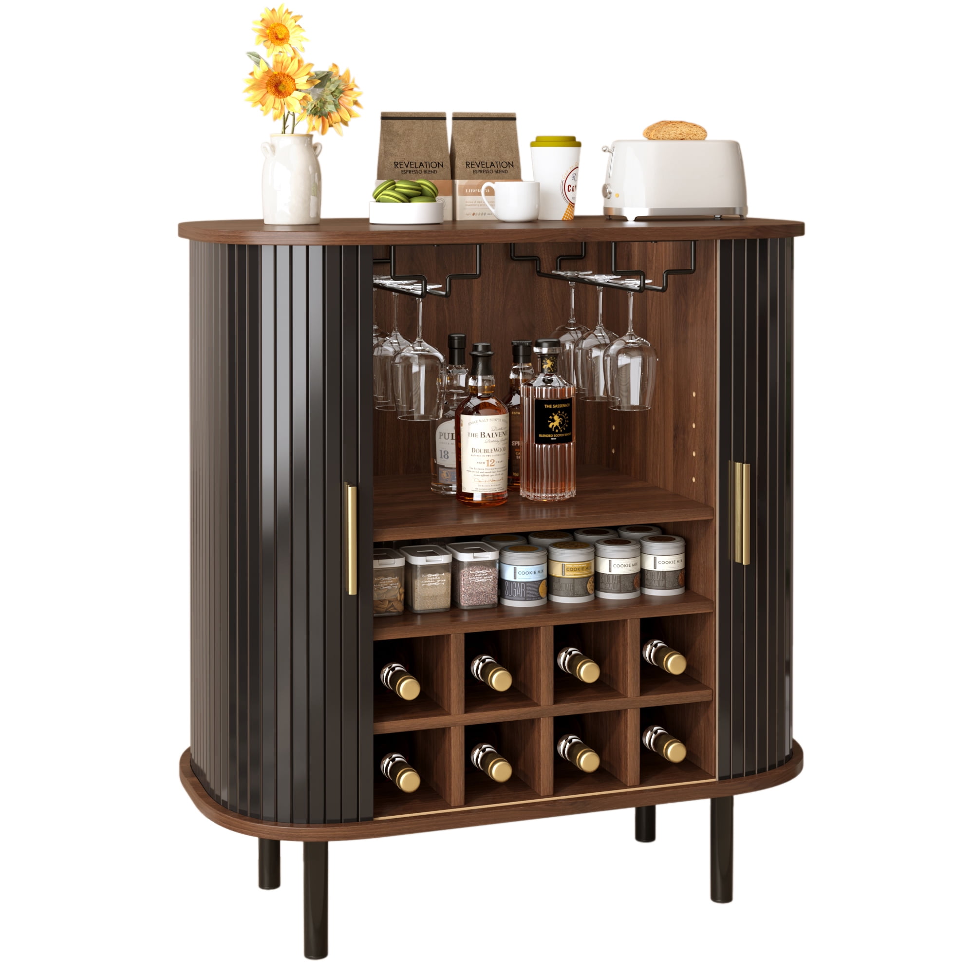 Euroco 28" Wine Bar Cabinet, Standing Liquor Cabinet with 8 Wine Racks,2 Glass Holders,Sliding Doors & Side Hidden Storage Space,Coffee Bar Cabinet with Adjustable Shelves for Kitchen Dining Room