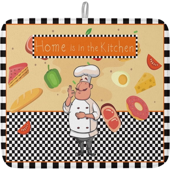 Funny Chef Themed Themed Dish Drying Mats for Kitchen Counter,Buffalo Plaid Black Microfiber Absorbent Dish Drainer/Rack Mat, Hangding Quick Drying kitchen Drying Mat,16x18in Machine Washable