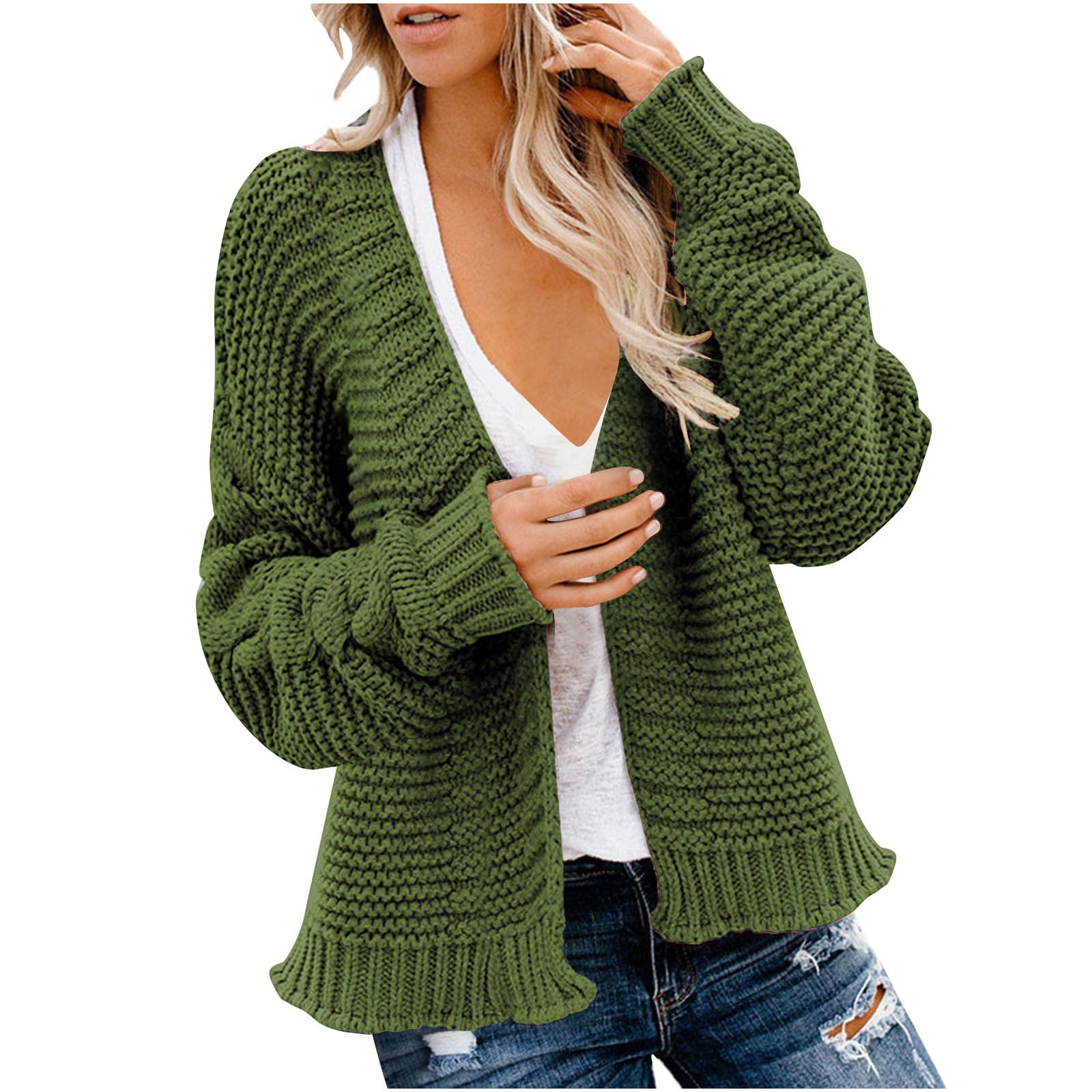 XFLWAM Womens Chunky Cardigan Cable Knit Sweater Oversized Open Front Cardigan Sweaters Army Green M Walmart.com