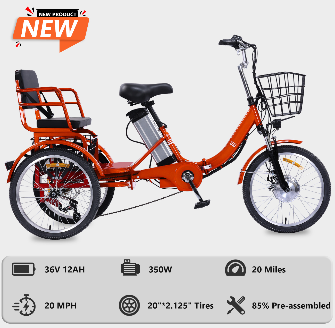 YEBEI Electric Tricycle for Adults Folding Electric Trike 3 Wheel Electric Trike with Two-Seater Large Basket Super Powerful Brushless 500W Motor 48V15AH Lithium Battery Max 20MPH E-Tricycle Orange