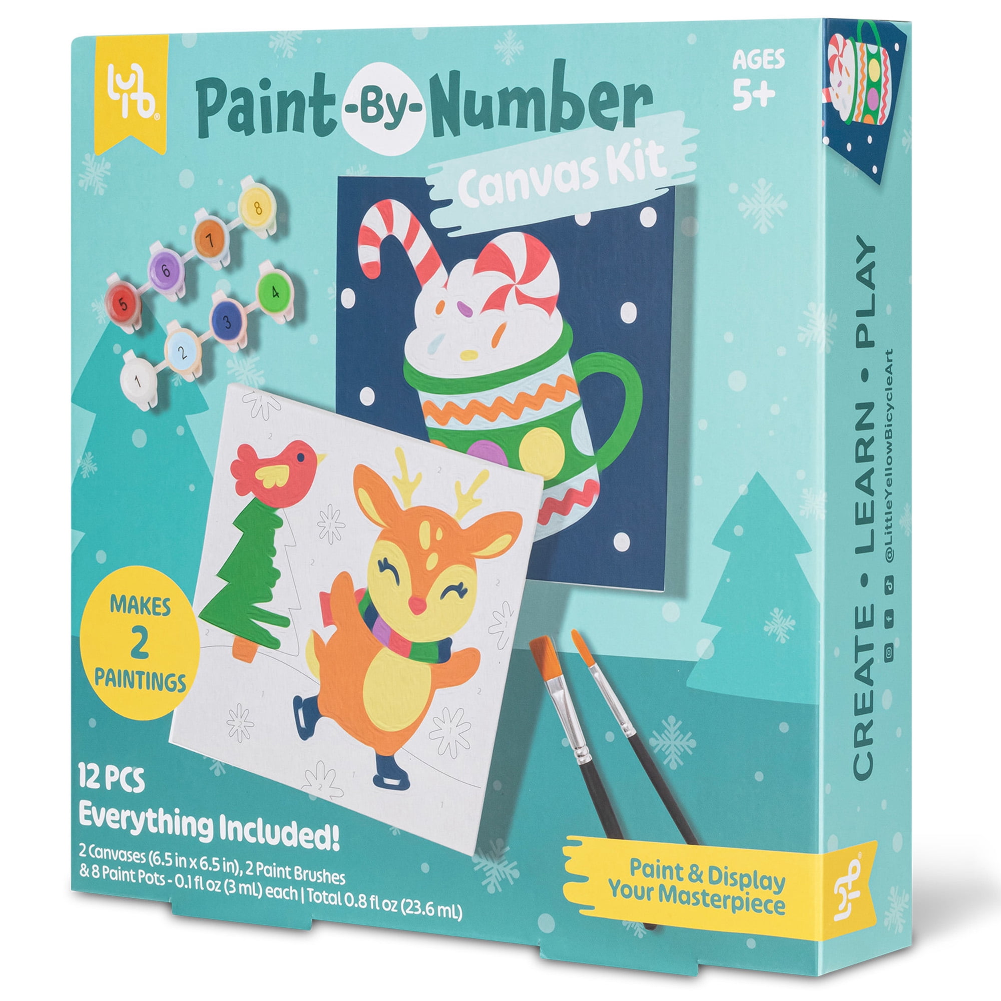 Little Yellow Bicycle: Reindeer Paint-By-Number Kit - Complete Art Set W/ 2 Canvases, 2 Brushes & 8 Paint Pots, Holiday-Themed, Kid & Adult Craft Kit