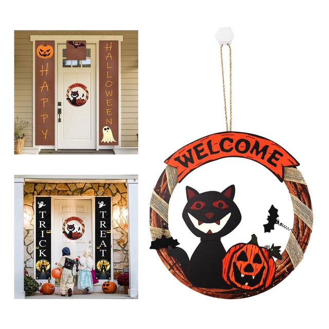 Decoración de Halloween Soledad Cartel de Bienvenida Gato Calabaza Coronas de halloween