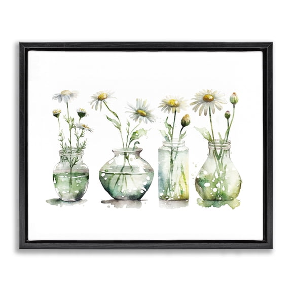 Stupell Industries Glass Vases Daisies Plants & Flowers Painting Black Floater Framed Canvas Art Print Wall Art, 21 x 17
