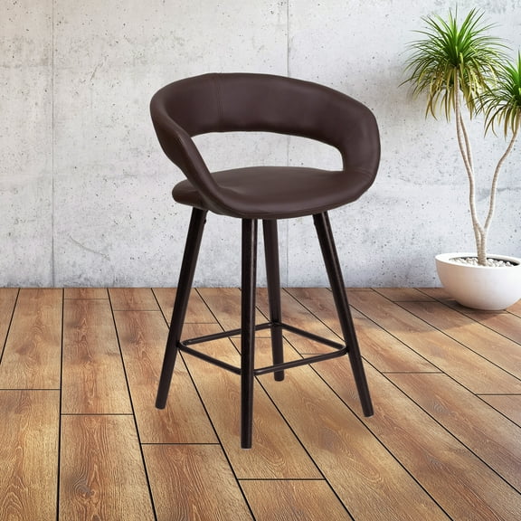 Emma Oliver 24"H Cappuccino Wood Rounded Open Back Counter Stool - Brown Vinyl