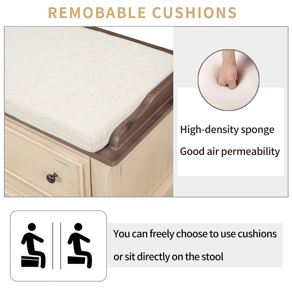 Lowestbest Collection Storage Bench, Solid Wood Shoe Bench with Two Large Drawers and Removable Cushion, Fully Assembled (Beige) Lowestbest Collection Storage Bench, Solid Wood Shoe Bench with Two Large Drawers and Removable Cushion, Fully Assembled (Beige)