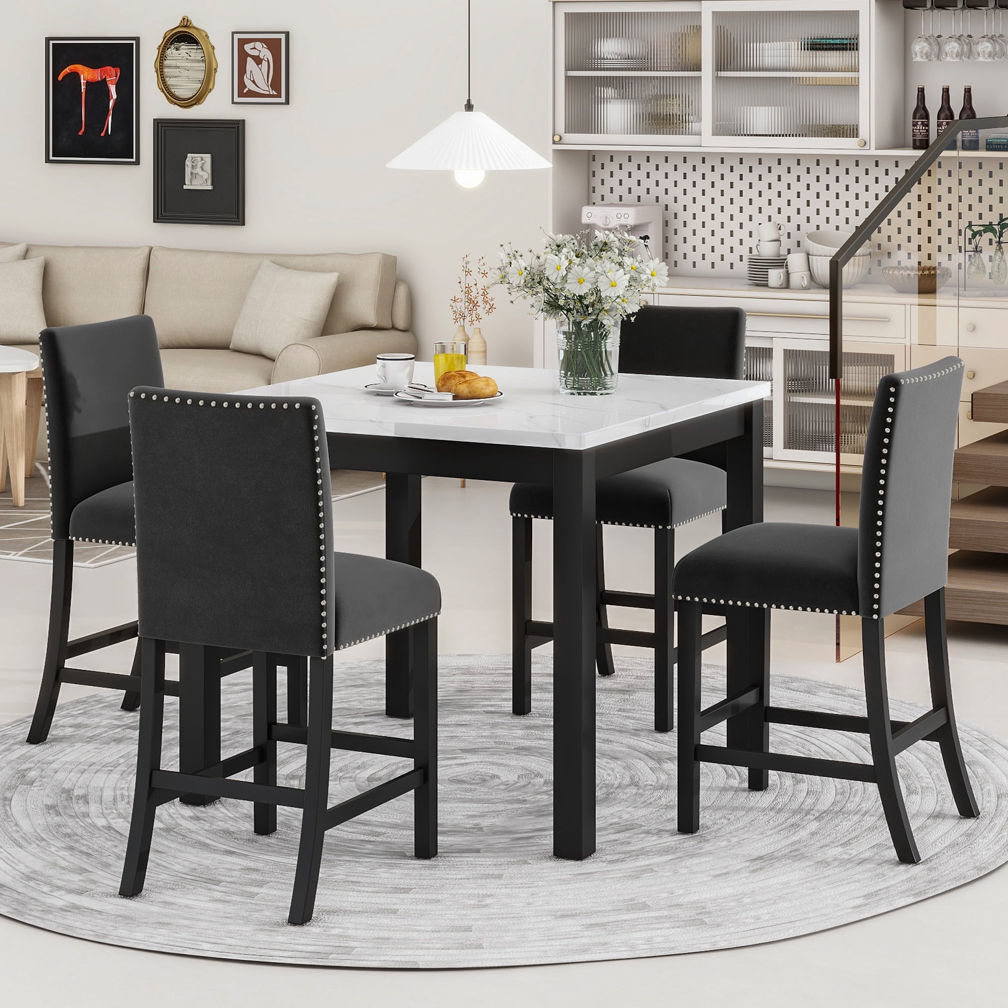 PORKISS Dining Table Set for 4, Dining Room Set with Faux Marble Kitchen Table and Velvet Upholstered Chairs, Counter Height Dining Set, Black