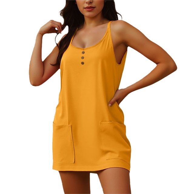 Mono liso de mujer, vestido informal sin mangas con tirantes, botones y bolsillos.