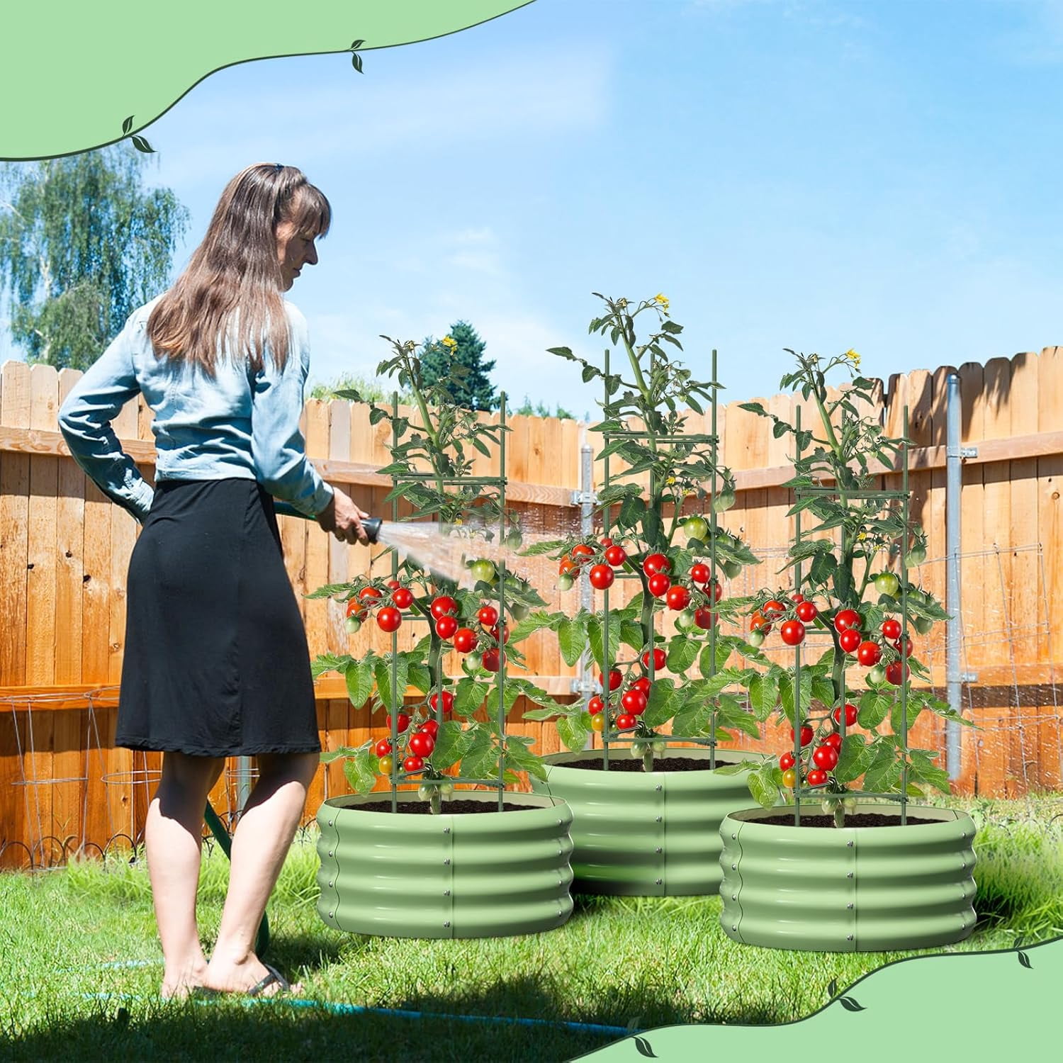 3 Pcs 24x24x12in Round Galvanized Raised Garden Bed Kit with 47"H Tomato Cages, Outdoor Metal Planter Box Raised Garden Beds for Gardening Vegetables Flowers, Green