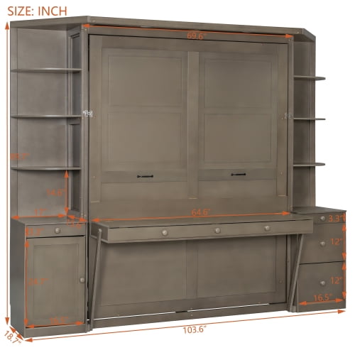 Queen Murphy Bed with Desk, Hidden Workstation, Storage Shelves & Cabinets, Wall Bed with Lights, Light-Distressed Gray