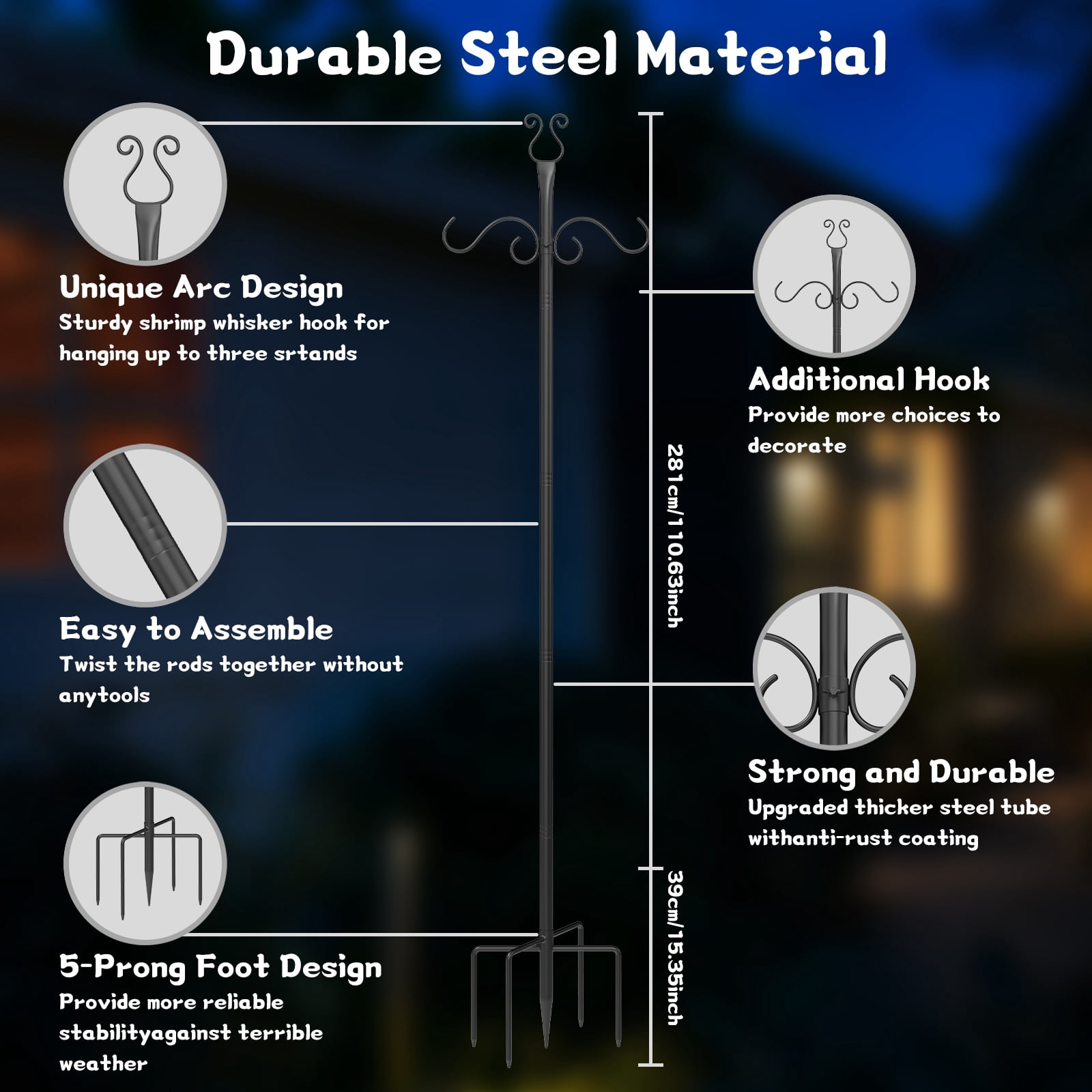 2-Pack 10-Foot Outdoor String Light Poles - Heavy-Duty Metal Patio Light Posts with Shepherd's Hooks for Hanging Lights, Plants & Bird Feeders