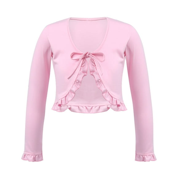 Doomiva Kids Girls Long Sleeve Ballet Dance Wrap Tops Ruffles Dance Warm Up Cardigan Crop Tops Pink 130