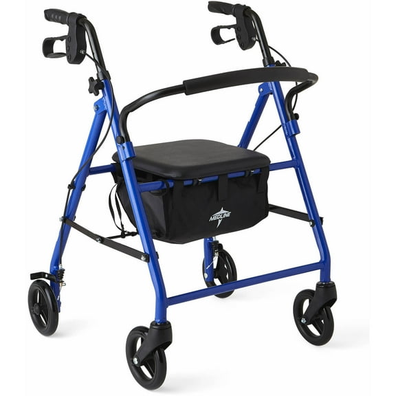 Medline Lightweight Junior Rollator, Folding Rolling Walker, 6" Wheels, 250lb Weight Capacity, Blue Frame