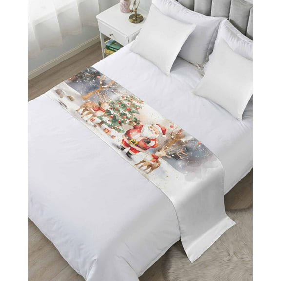 Christmas Santa Bed Runner for Full/ Queen Size Bed, Winter Snowflake Elk Forest Bedspread Protector Slipcover Bed Scarf for Foot Bed Runners & Scarves for Bedroom Hotel Wedding Room 83x20 Inches