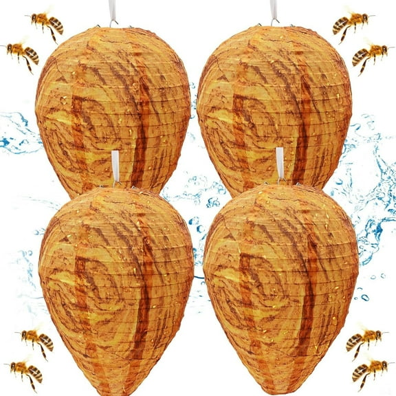 4 Pack Wasp Nest Decoy, Hanging Fake Wasp Nest Outdoor, Fabric Material Waterproof Wasps and Hornets Decoys for Patio, Garden, Porch, Deck, Yard
