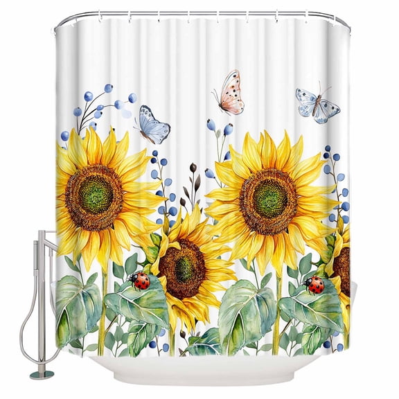 Shower Curtains Sets for Bathroom Decor Watercolor Sunflower Butterfly Greenery Waterproof Bathroom Curtain with Hooks, Bloom Floral on White for Bathroom Decor,72x72IN