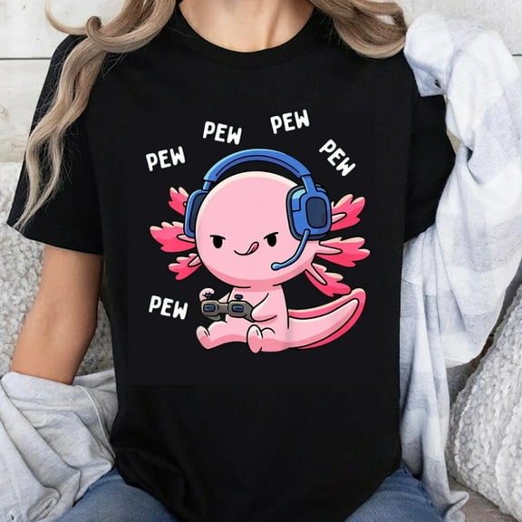 100% Cotton Axolotl Gamer Pew Pew Shirt Cute Cartoon Animal Gaming T-Shirt for Women Men Kids Fun Gift Wear