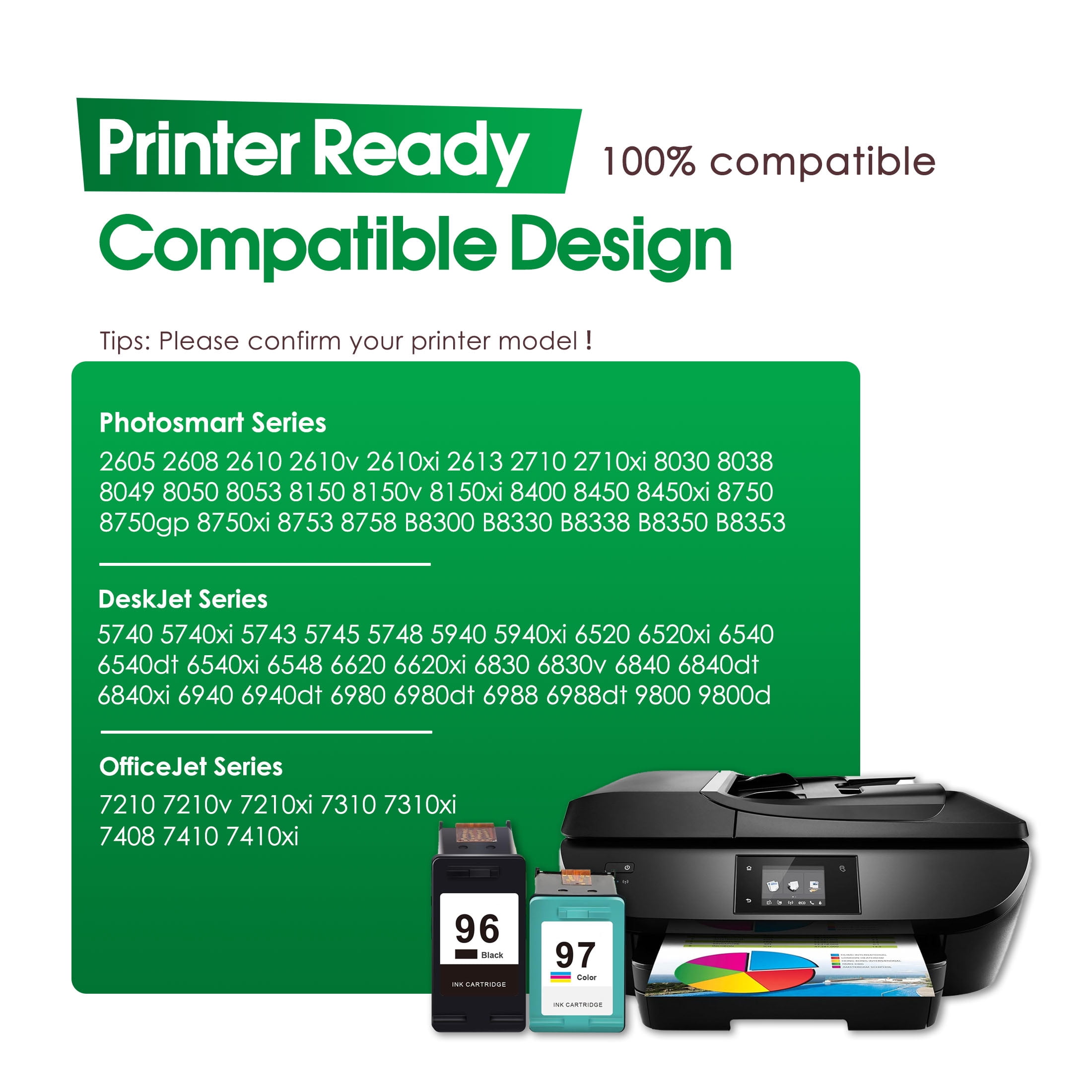 96 97 Ink Cartridges Compatible for 96 and 97 Ink Cartridge Work with Officejet 7210 7210v Deskjet 5740 5740xi Photosmart 2605 2608 Printers (1 Black /1 Tri-Color)