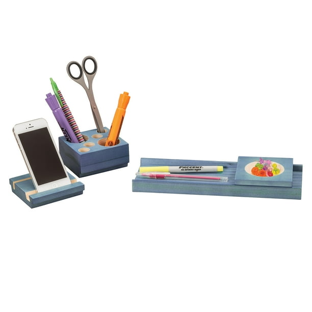 3280bu Splash Desk Accessories Multi Colored Two Tone Pine Wood Blue 4 Piece Set Com 3280bu Splash Desk Accessories Multi, Colored Desk Accessories