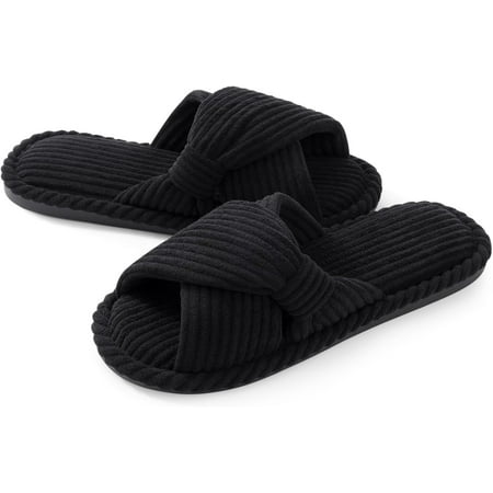 

Evshine Summer House Slippers for Women Corduroy Cross Bow Indoor Slippers Open Toe Slip On Bedroom Shoes with Memory Foam