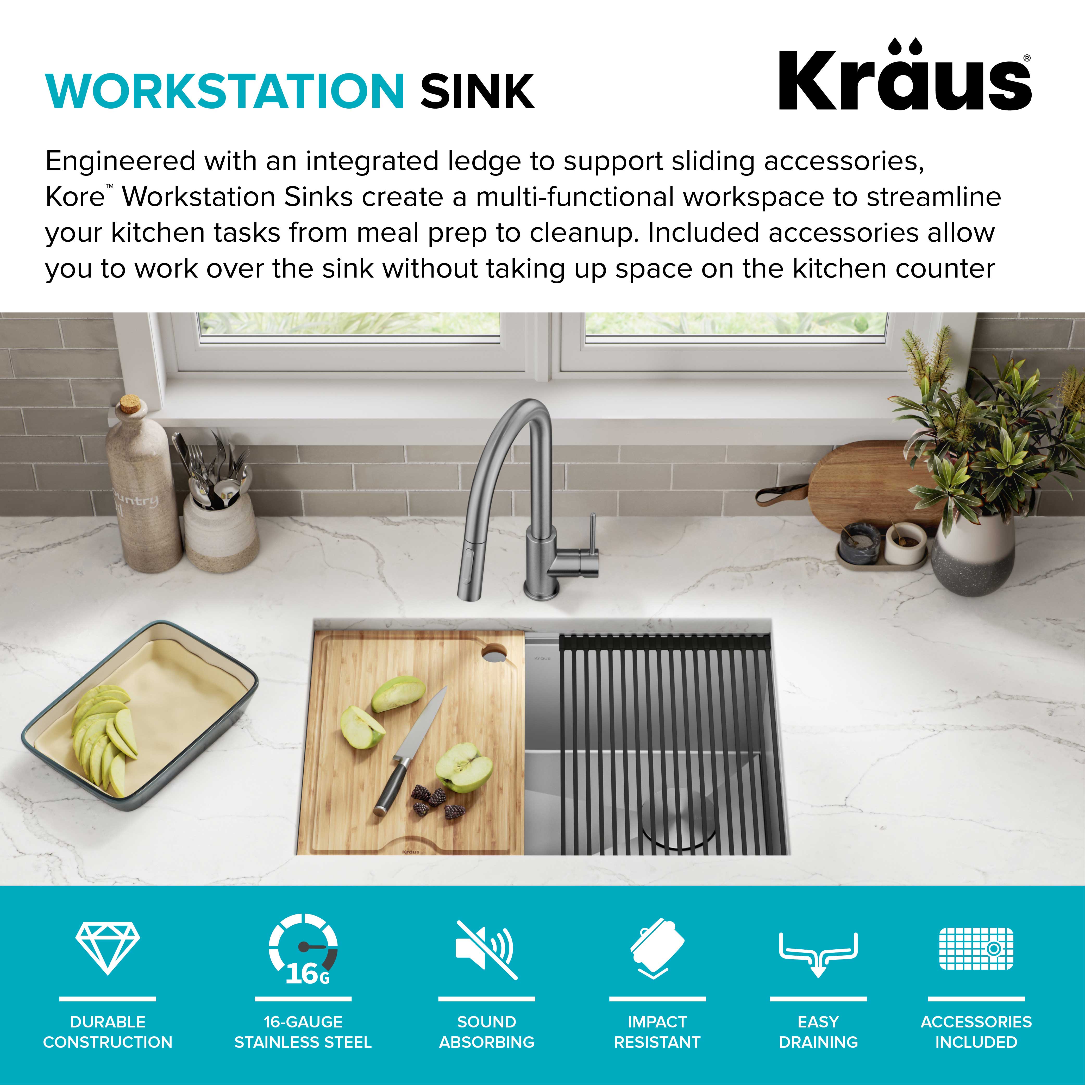 Kraus Kore 28Undermount Workstation 16 Gauge Stainless Steel Single Bowl Kitchen Sink with Accessories - image 4 of 16