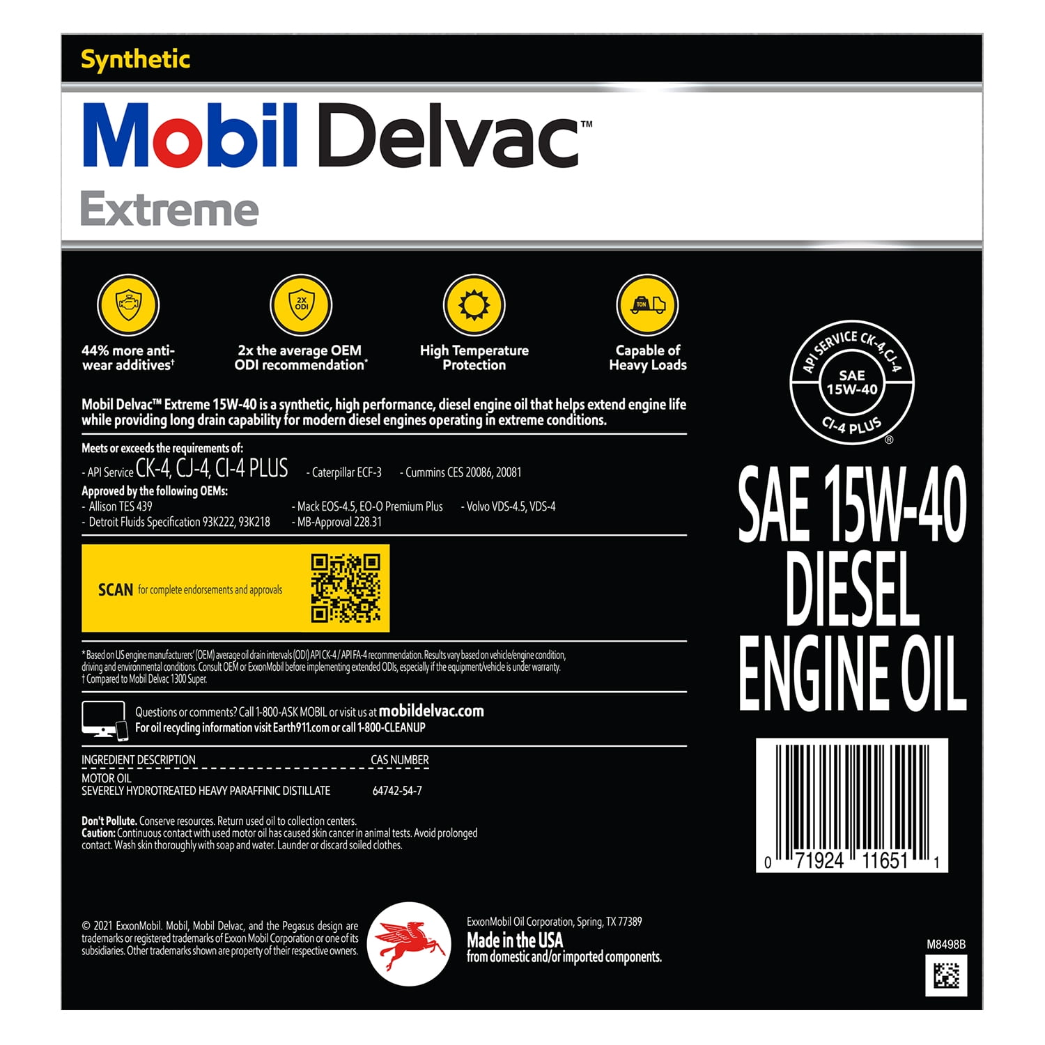 Mobil Delvac Extreme Heavy Duty Full Synthetic Diesel Engine Oil 15W-40, 2.5 gal - 2