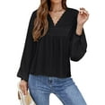 thumbnail image 3 of HUBERY Women Lace Spliced V Neck Lantern Long Sleeve Solid Color Chiffon Top, 3 of 7