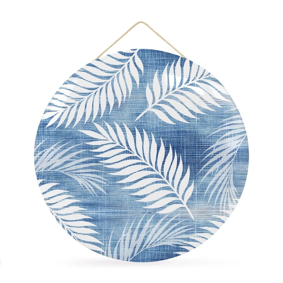 Welcome Sign for Front Door, Indigo Blue Leaves Round Metal Wall Art Wreaths, Summer Coastal Botanical Plants Vintage Outdoor Indoor Wall Hanging Sign for Porch Decor Housewarming Gifts 11.8 Inch