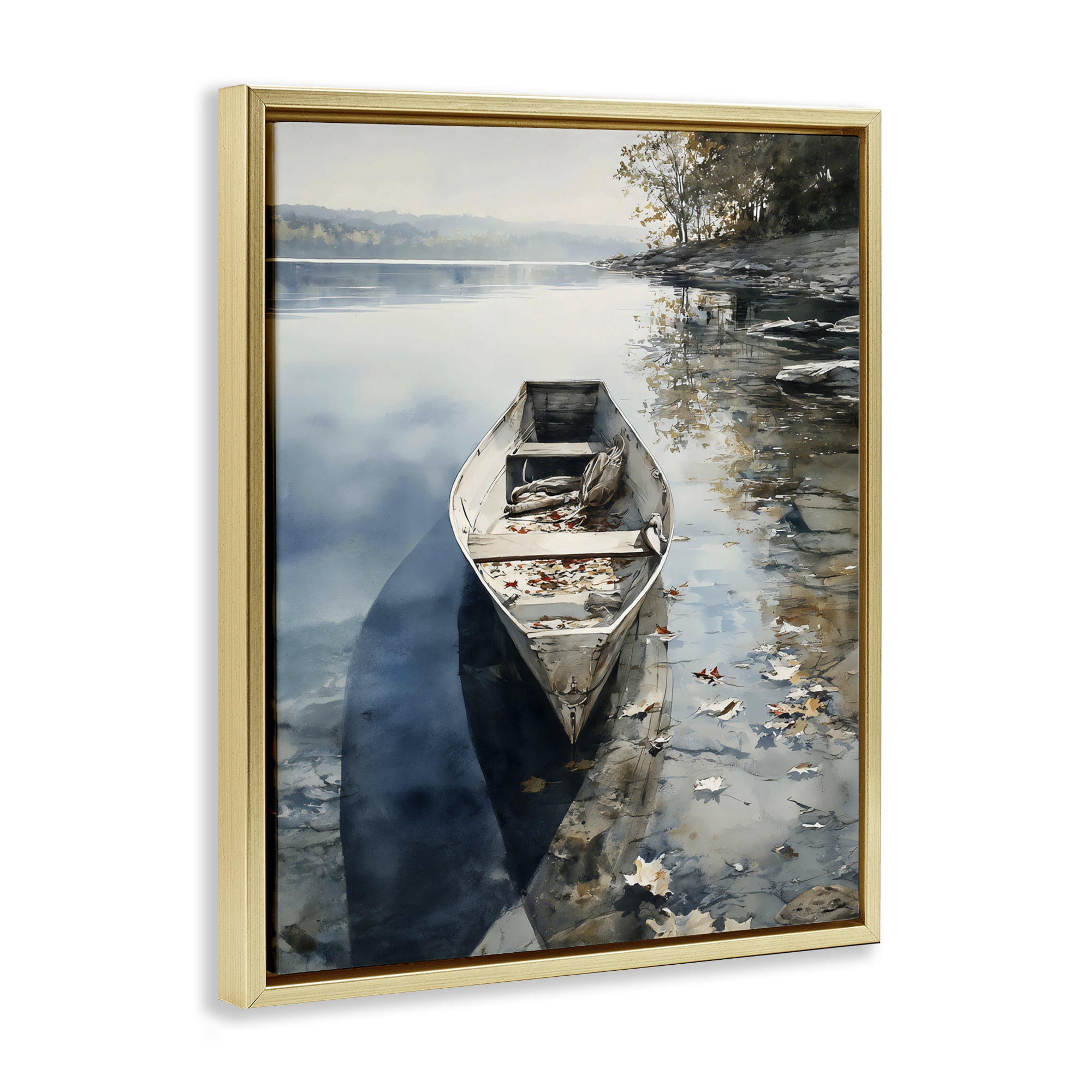 Stupell Industries Boat In The Fall Reflection Gold Framed Floater Canvas Wall Art, design by Franklyn Gregory