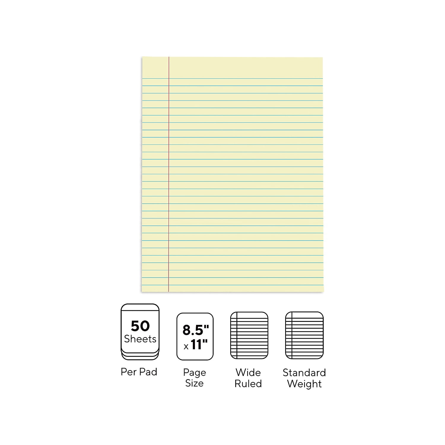 Staples Notepads 8.5" x 11" Wide Ruled Canary 50 Sheets/Pad 24/Carton ST57295VS