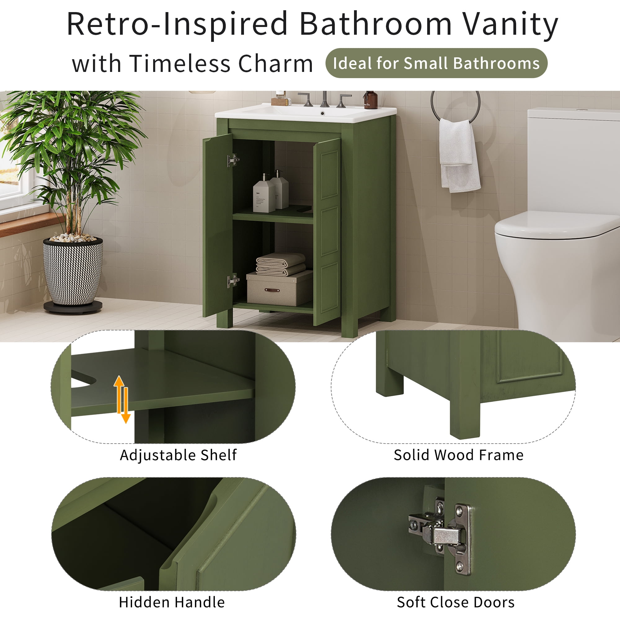 Euroco Bathroom Vanity with Ceramic Sink, Soft-Close Doors, and Adjustable Storage Shelf, Vintage Wood Cabinet for Small Bathrooms