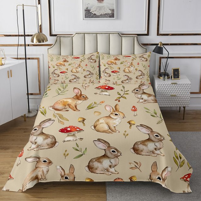 Erosebridal Botanical Mushroom Coverlet Set King,Wildlife Rabbit Bedding Set,Cartoon Decor,Ultra Soft,3 Pieces