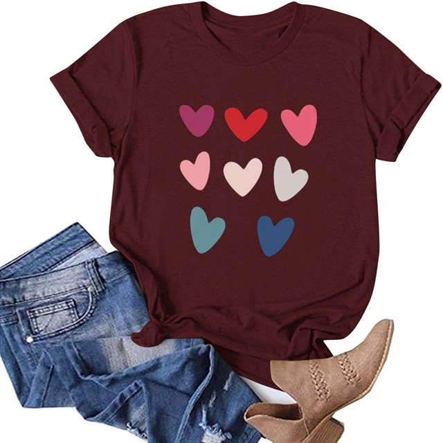 TIMIFIS T-Shirts de la Saint-Valentin pour Femmes Été Décontracté Manches Courtes Col Rond Imprimé Cœur d'Amour
