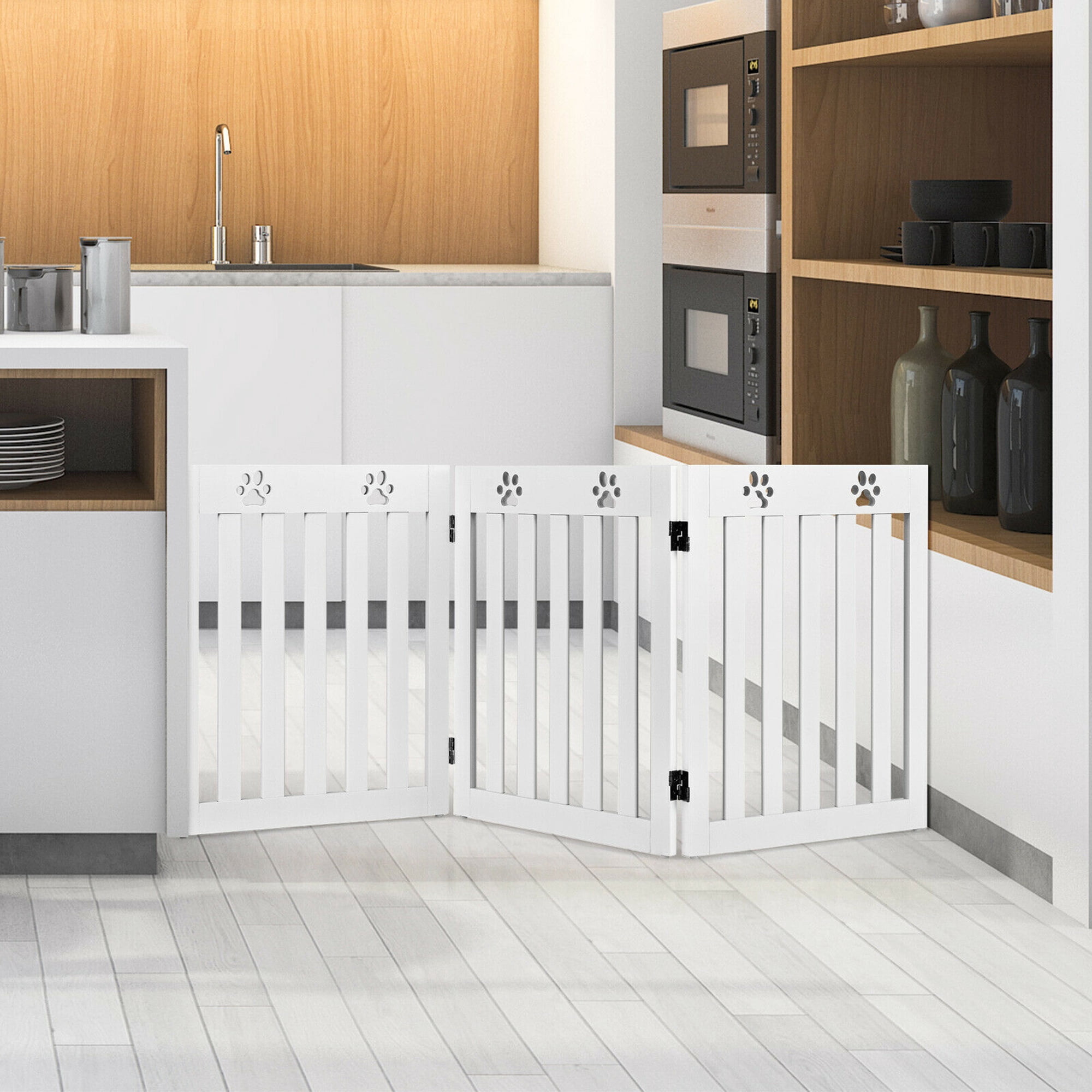 Gymax 24'' Folding Pet Gate with 360° Flexible Hinge, Wooden