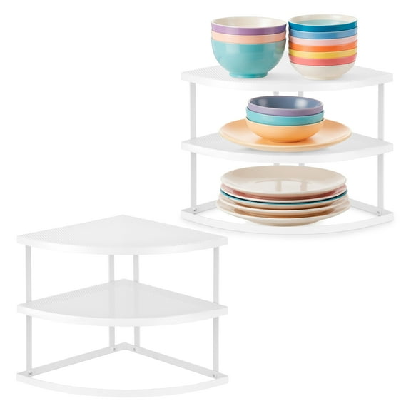 Mimifly Corner Shelf 3-Tiers Kitchen Plates & Dishes Storage Organizer Rack, White - 2 Pack