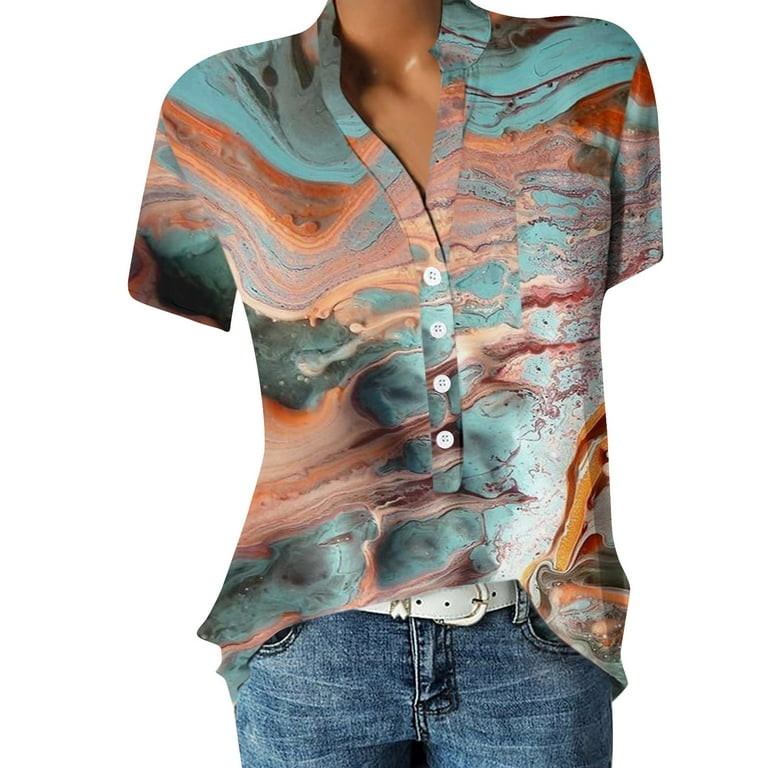 Sksloeg Womens Blousess Summer Casual Marble Print Blouse Short Sleeve  Button Down Shirts Tops with Pocket,Camel XL 