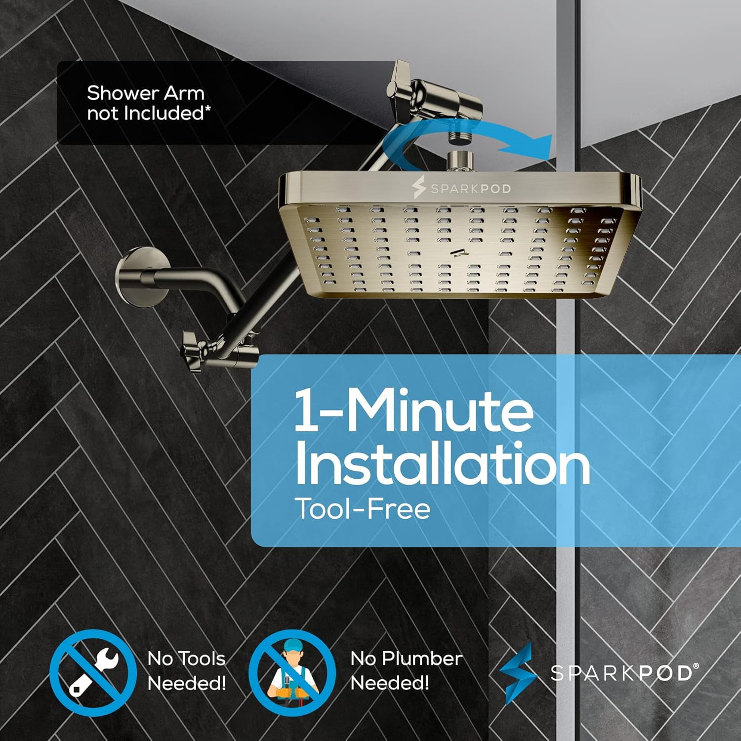 SparkPod High Pressure Rainfall Shower Head, Easy Install, Energy Saving (6 inch Square, Brushed Nickel)
