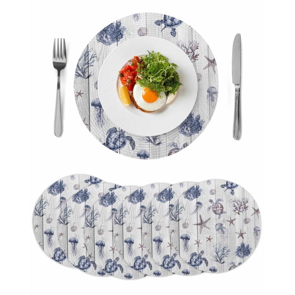 Vintage Coastal Round 15 Inch Placemats Set of 6, Nautical Summer Beach Sea Turtle Starfish HeatResistant Non Slip Place Mats for Dining Table, Wipeable Braided Kitchen Table Mats for Housewarming